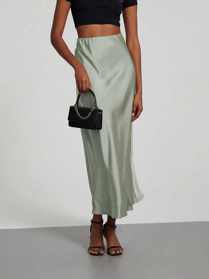 Rosabel Silky Satin Elastic Waist Maxi Slip Skirt - Pale Sage
