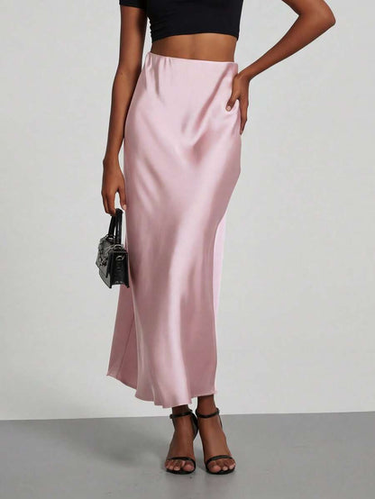 Rosabel Silky Satin Elastic Waist Maxi Slip Skirt - Blush Pink