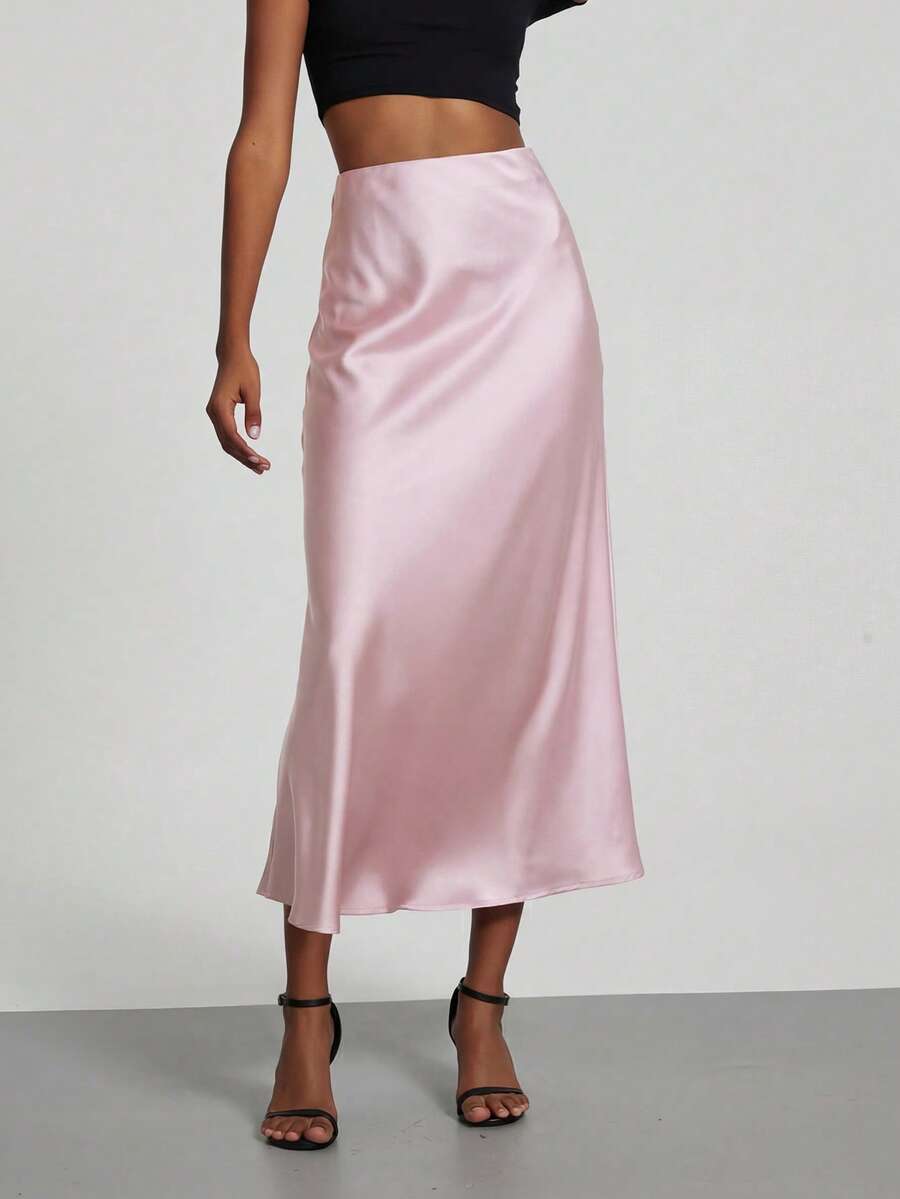 Rosabel Silky Satin Elastic Waist Maxi Slip Skirt - Blush Pink