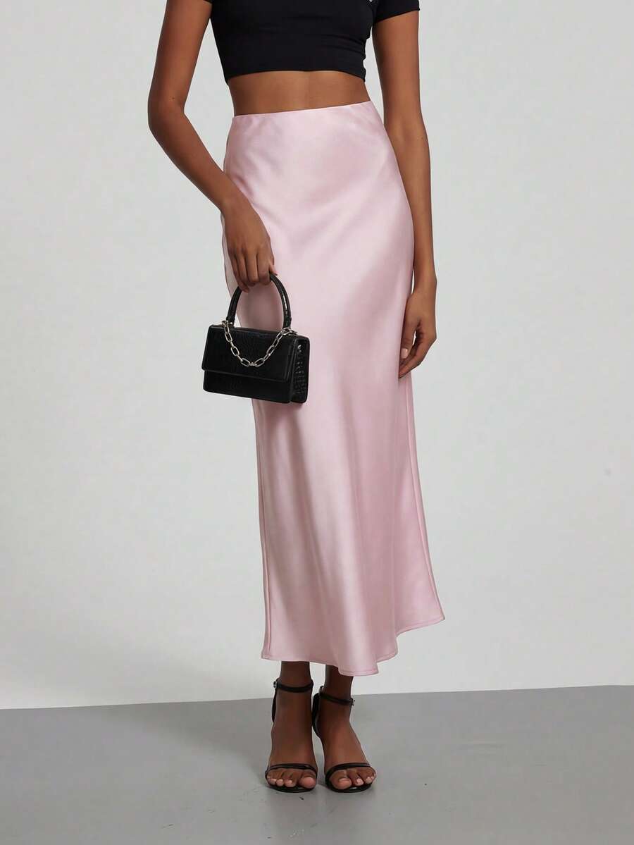 Rosabel Silky Satin Elastic Waist Maxi Slip Skirt - Blush Pink