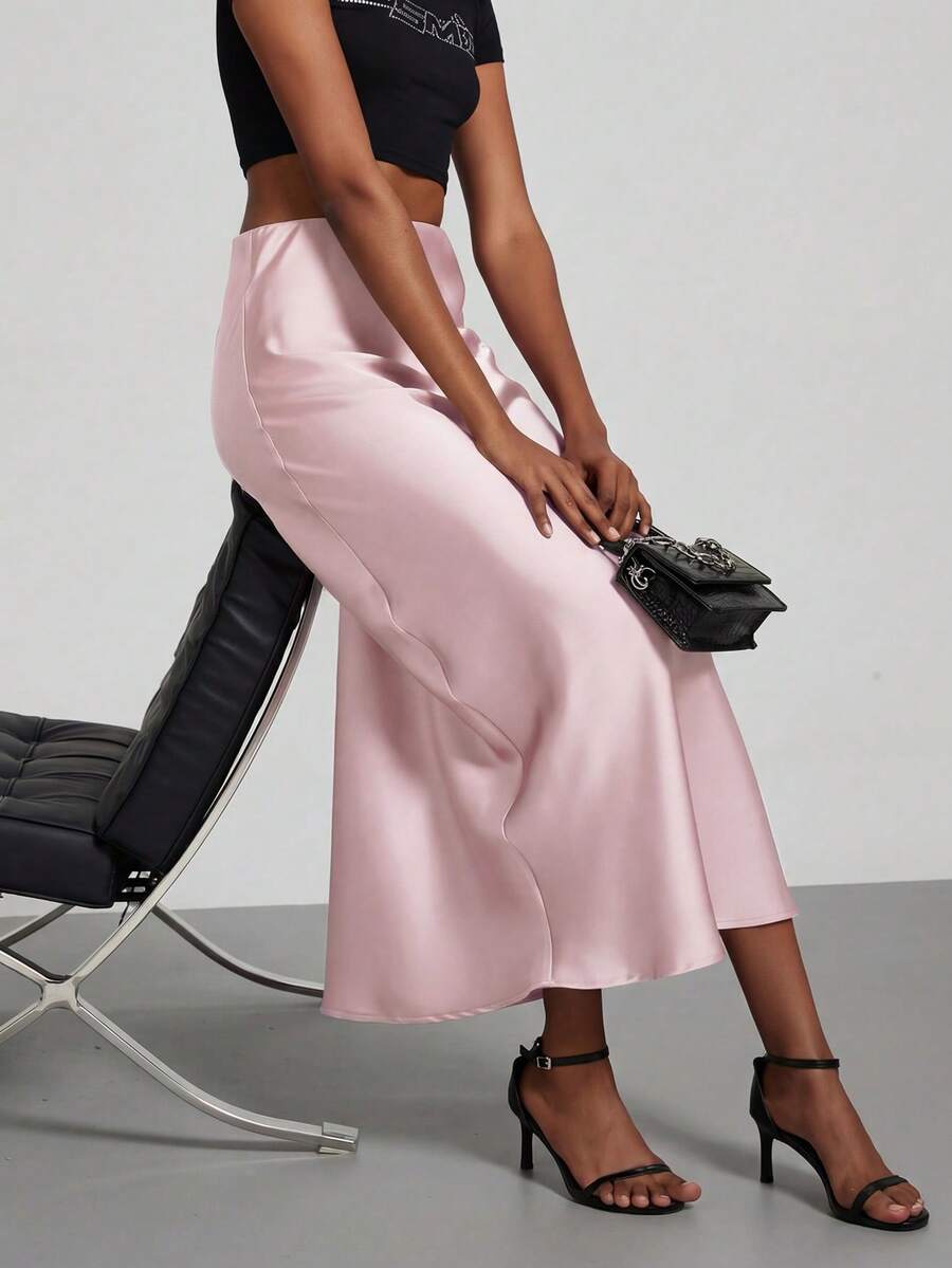 Rosabel Silky Satin Elastic Waist Maxi Slip Skirt - Blush Pink