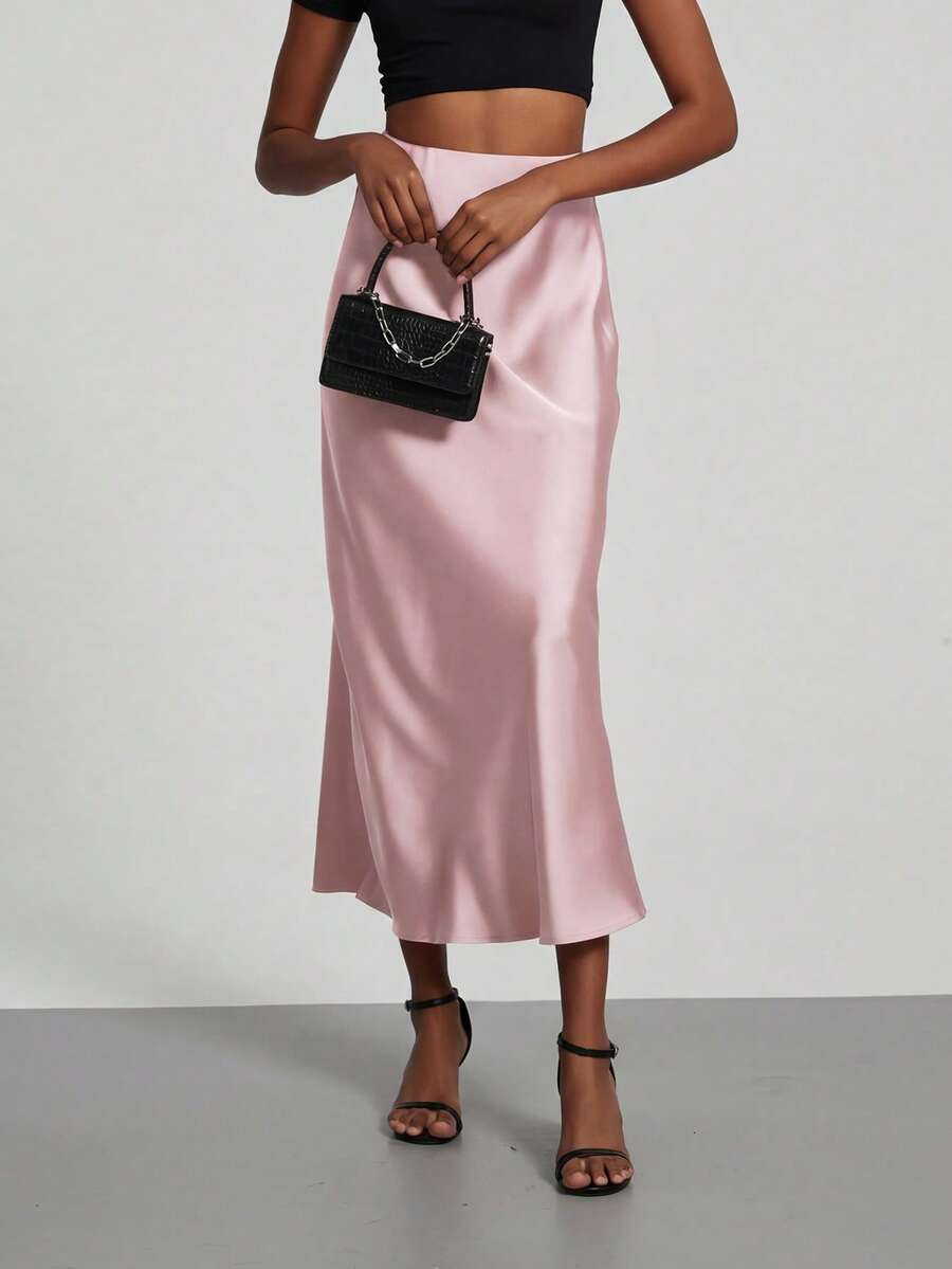 Rosabel Silky Satin Elastic Waist Maxi Slip Skirt - Blush Pink