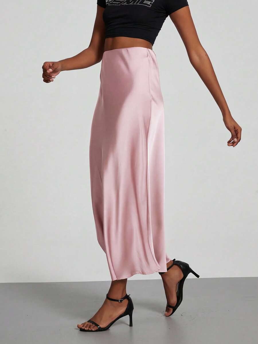 Rosabel Silky Satin Elastic Waist Maxi Slip Skirt - Blush Pink