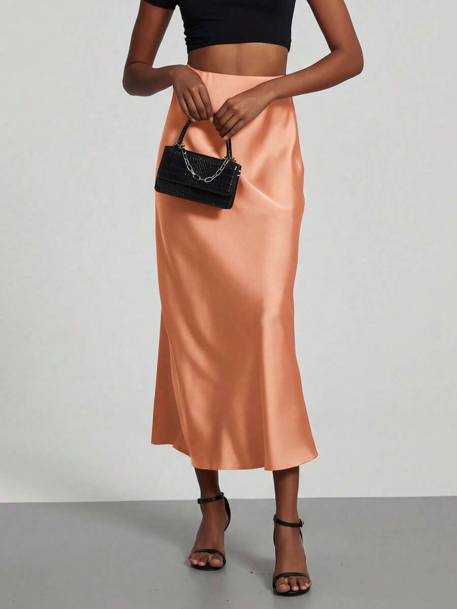Rosabel Silky Satin Elastic Waist Maxi Slip Skirt - Peach