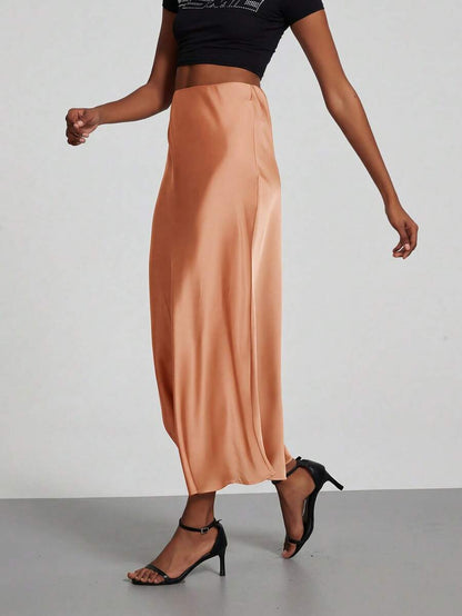 Rosabel Silky Satin Elastic Waist Maxi Slip Skirt - Peach