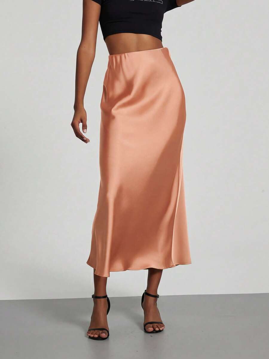 Rosabel Silky Satin Elastic Waist Maxi Slip Skirt - Peach