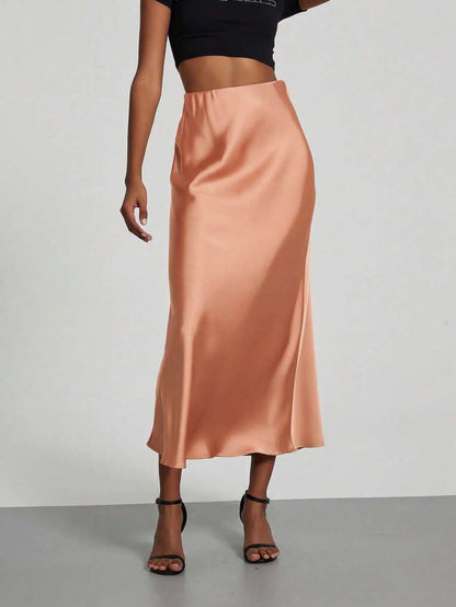 Rosabel Silky Satin Elastic Waist Maxi Slip Skirt - Peach