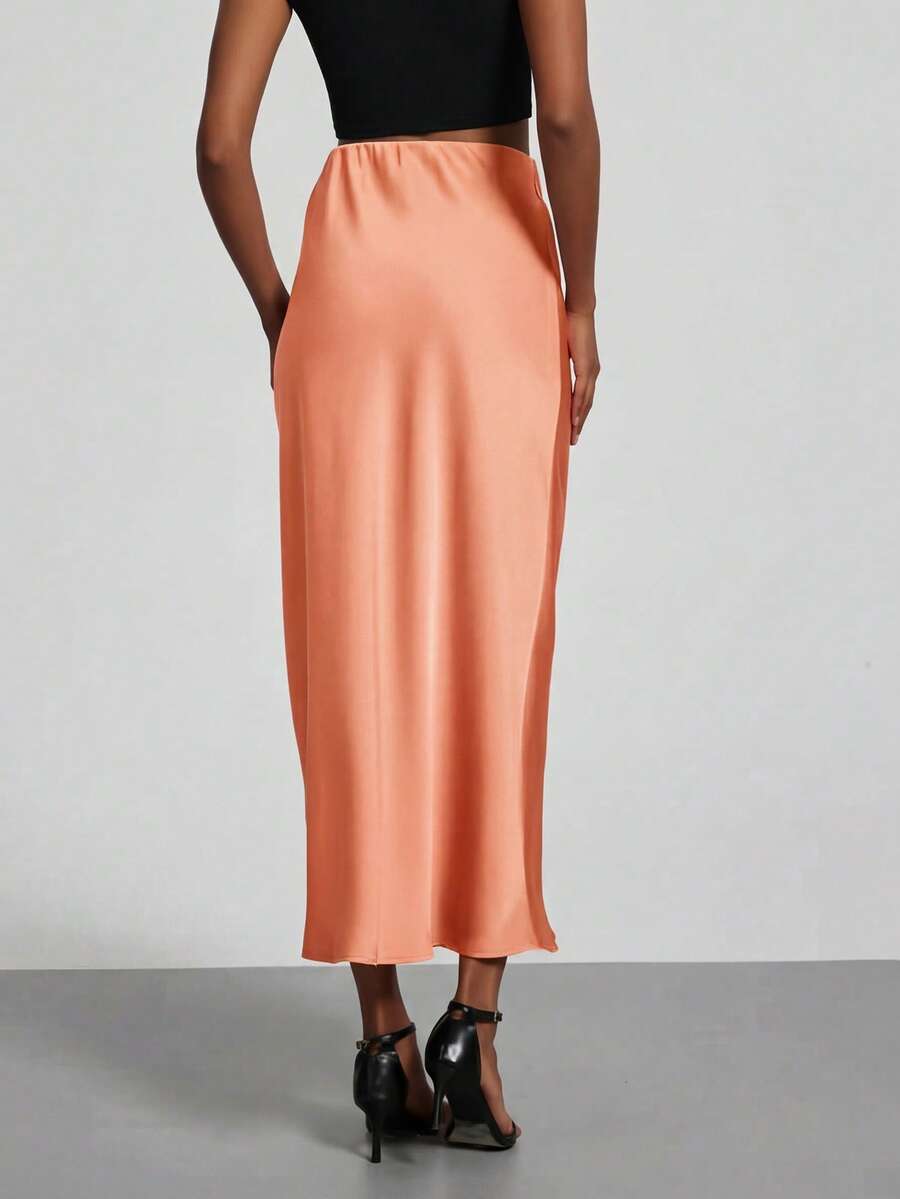Rosabel Silky Satin Elastic Waist Maxi Slip Skirt - Peach