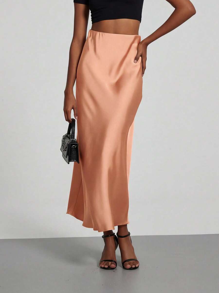 Rosabel Silky Satin Elastic Waist Maxi Slip Skirt - Peach
