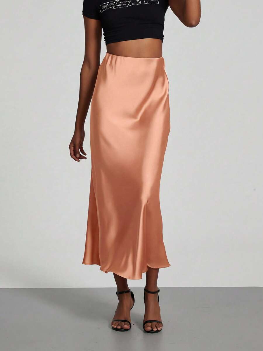 Rosabel Silky Satin Elastic Waist Maxi Slip Skirt - Peach
