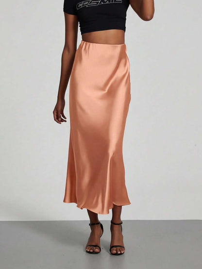 Rosabel Silky Satin Elastic Waist Maxi Slip Skirt - Peach