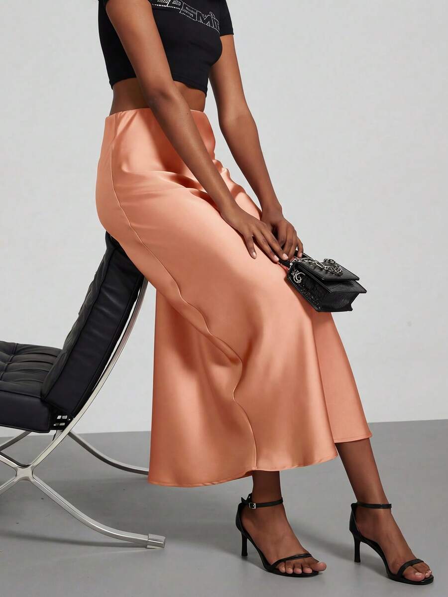 Rosabel Silky Satin Elastic Waist Maxi Slip Skirt - Peach