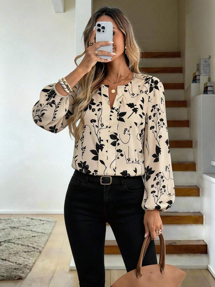 Nell Long Sleeve Blouse with Split V Neck and Lantern Sleeves - Cream Floral