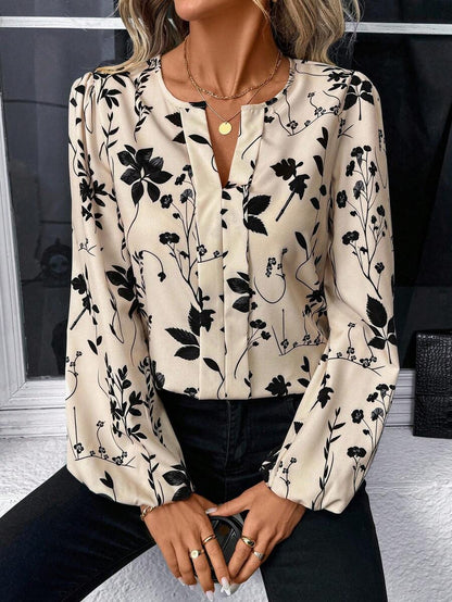 Nell Long Sleeve Blouse with Split V Neck and Lantern Sleeves - Cream Floral