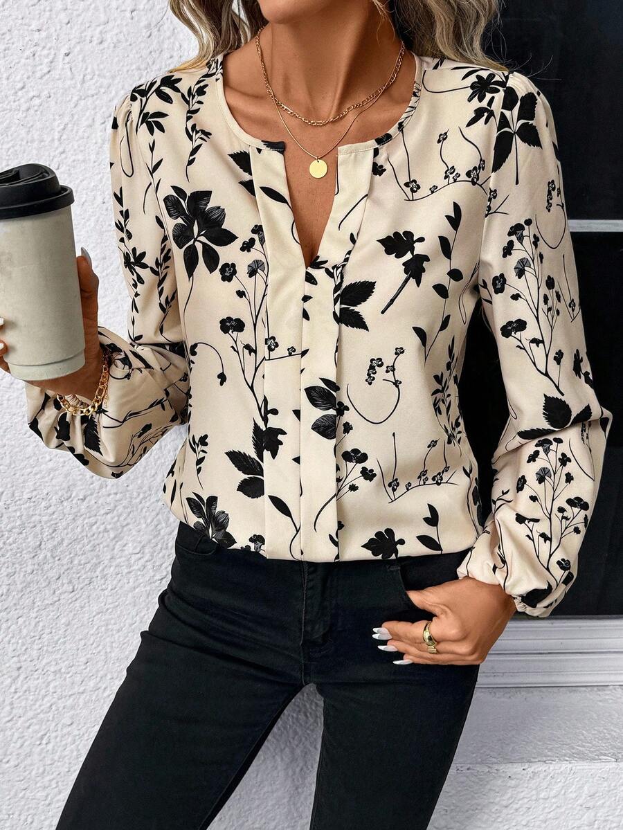 Nell Long Sleeve Blouse with Split V Neck and Lantern Sleeves - Cream Floral