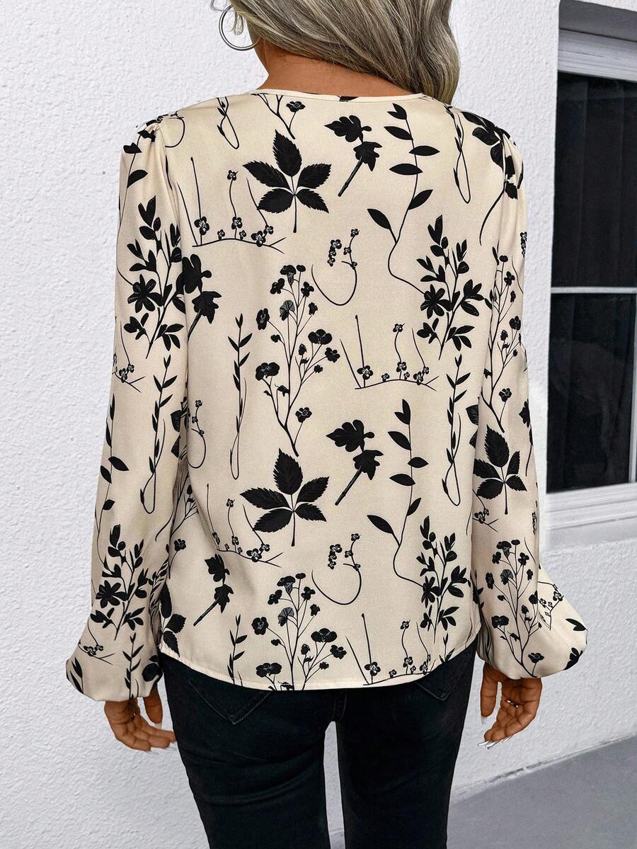 Nell Long Sleeve Blouse with Split V Neck and Lantern Sleeves - Cream Floral