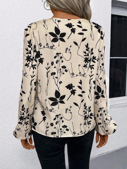 Nell Long Sleeve Blouse with Split V Neck and Lantern Sleeves - Cream Floral