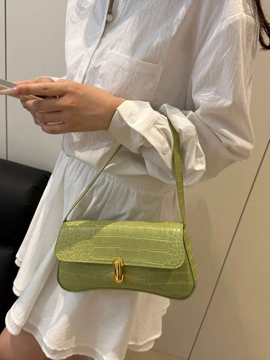 Women's Coffee Brown Shoulder Bag Quiet Luxury Metal Decor Small Underarm Purse - Green