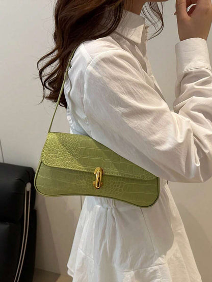 Women's Coffee Brown Shoulder Bag Quiet Luxury Metal Decor Small Underarm Purse - Green