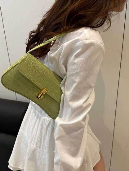 Women's Coffee Brown Shoulder Bag Quiet Luxury Metal Decor Small Underarm Purse - Green