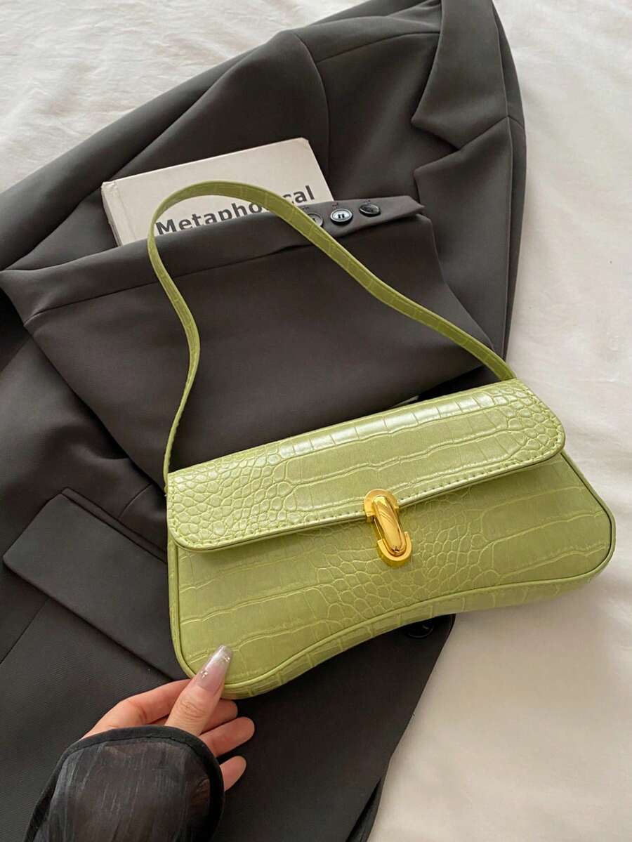 Women's Coffee Brown Shoulder Bag Quiet Luxury Metal Decor Small Underarm Purse - Green