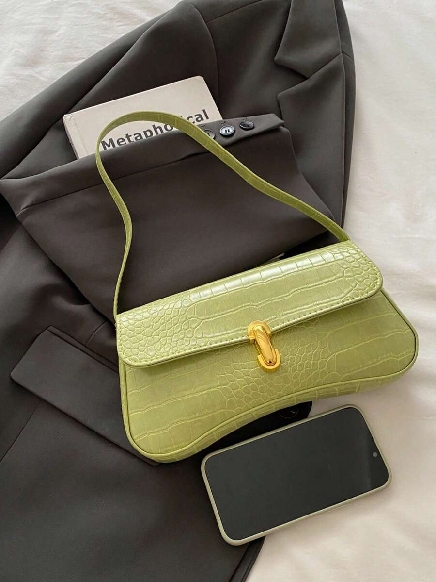 Women's Coffee Brown Shoulder Bag Quiet Luxury Metal Decor Small Underarm Purse - Green