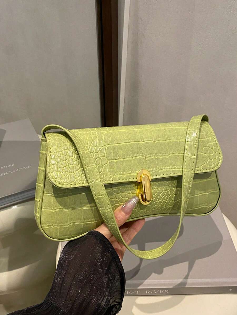 Women's Coffee Brown Shoulder Bag Quiet Luxury Metal Decor Small Underarm Purse - Green