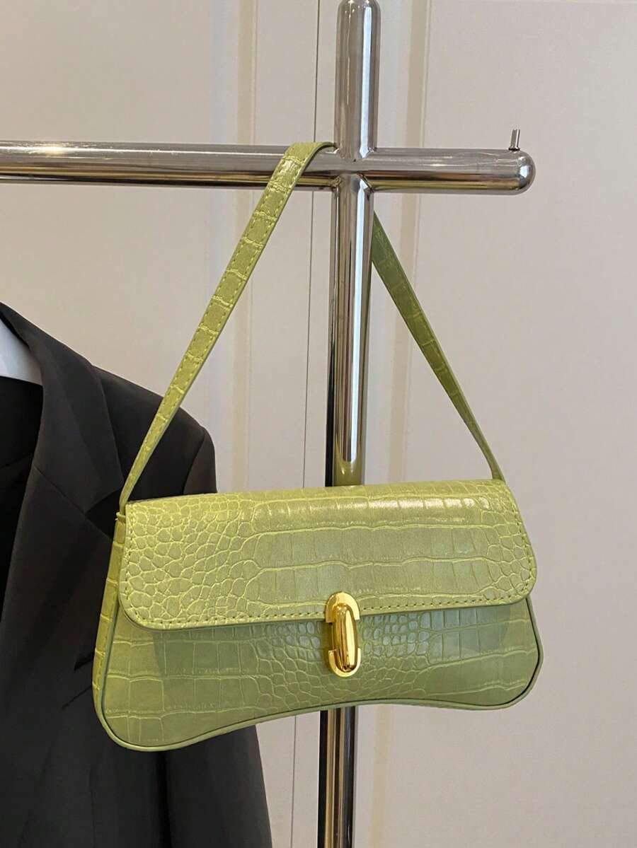 Women's Coffee Brown Shoulder Bag Quiet Luxury Metal Decor Small Underarm Purse - Green