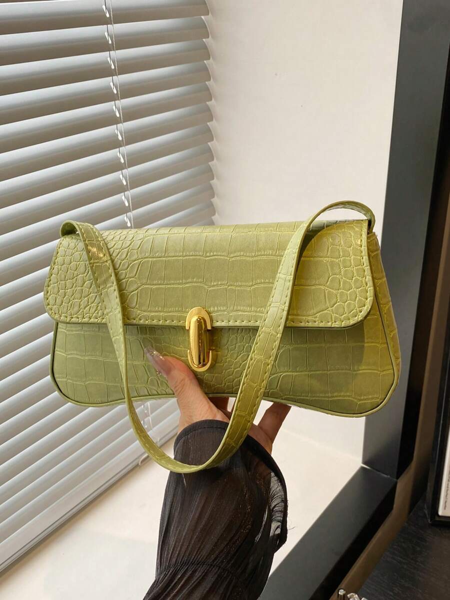 Women's Coffee Brown Shoulder Bag Quiet Luxury Metal Decor Small Underarm Purse - Green