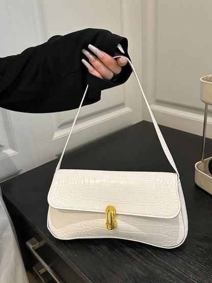 Women's Coffee Brown Shoulder Bag Quiet Luxury Metal Decor Small Underarm Purse - White
