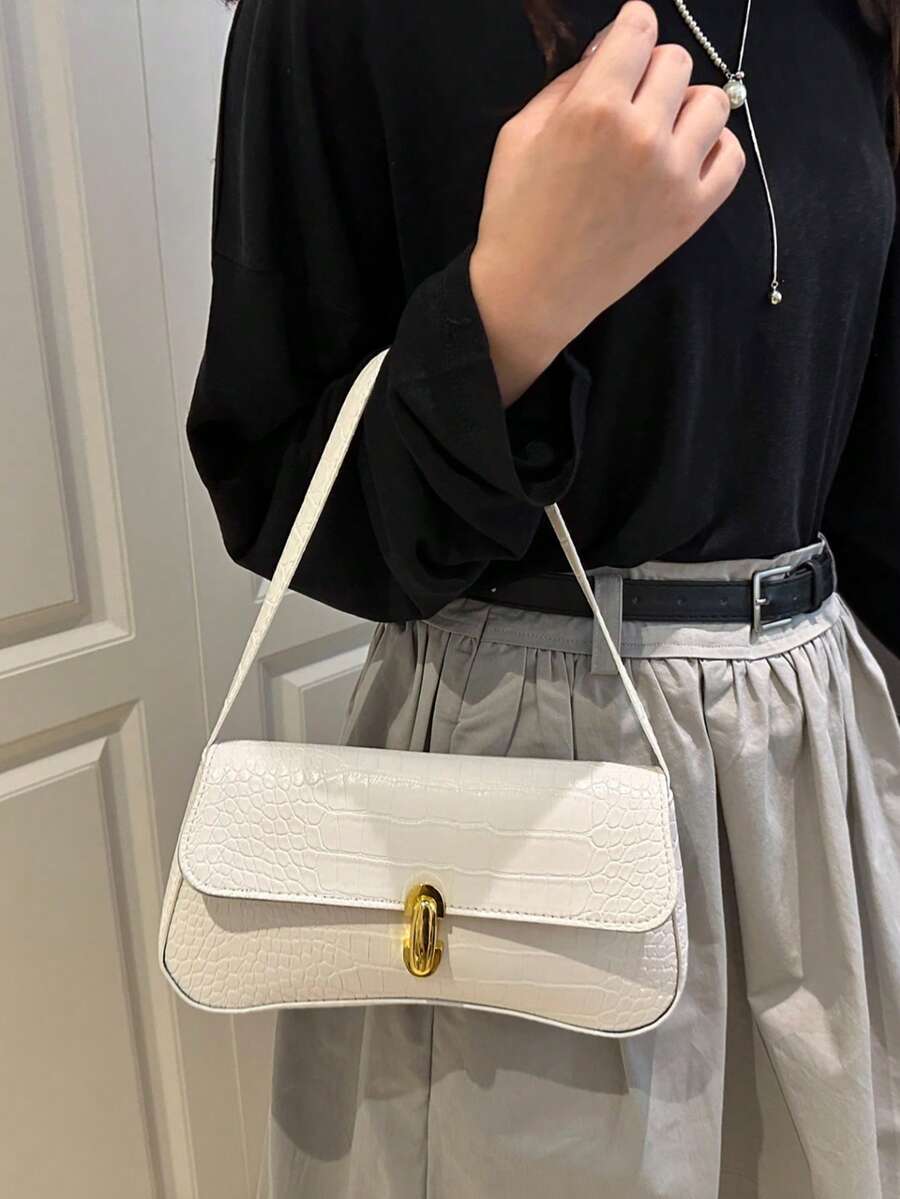 Women's Coffee Brown Shoulder Bag Quiet Luxury Metal Decor Small Underarm Purse - White