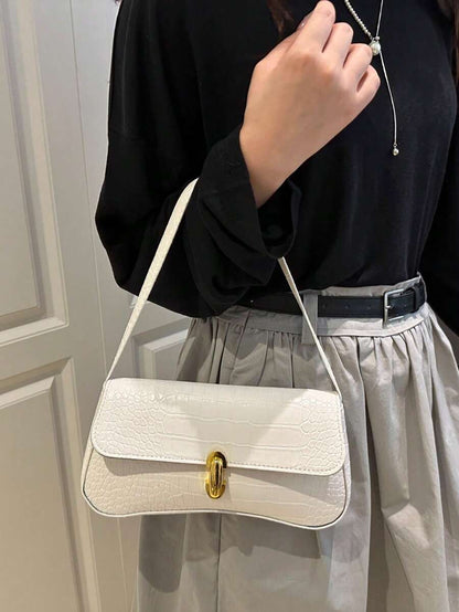 Women's Coffee Brown Shoulder Bag Quiet Luxury Metal Decor Small Underarm Purse - White