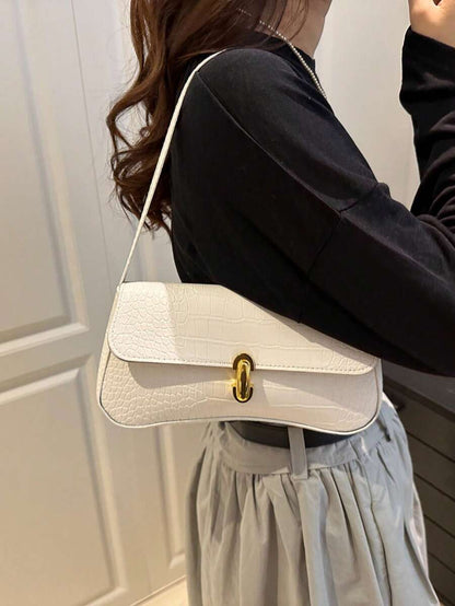 Women's Coffee Brown Shoulder Bag Quiet Luxury Metal Decor Small Underarm Purse - White