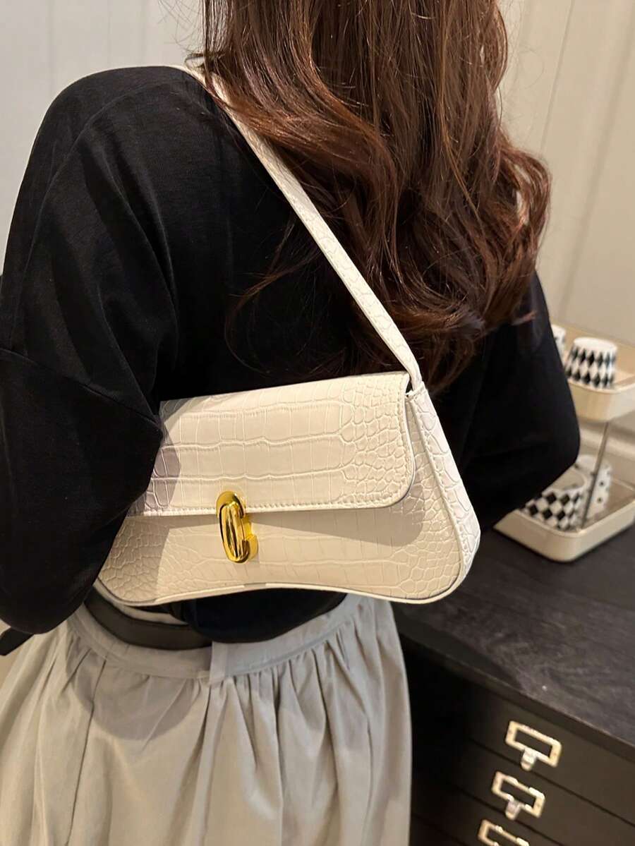 Women's Coffee Brown Shoulder Bag Quiet Luxury Metal Decor Small Underarm Purse - White