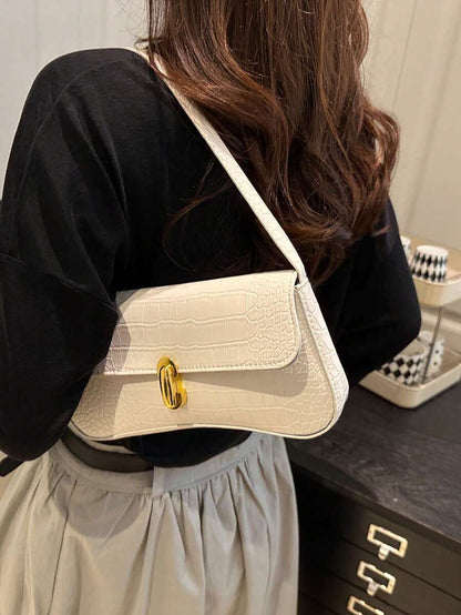 Women's Coffee Brown Shoulder Bag Quiet Luxury Metal Decor Small Underarm Purse - White
