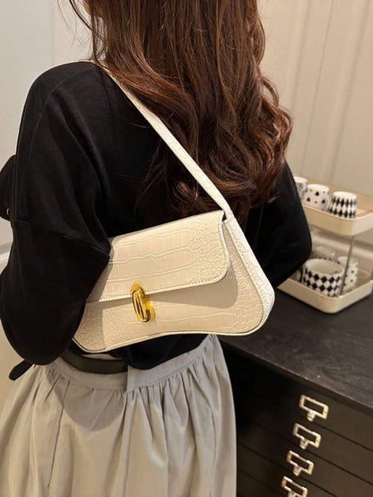 Women's Coffee Brown Shoulder Bag Quiet Luxury Metal Decor Small Underarm Purse - White