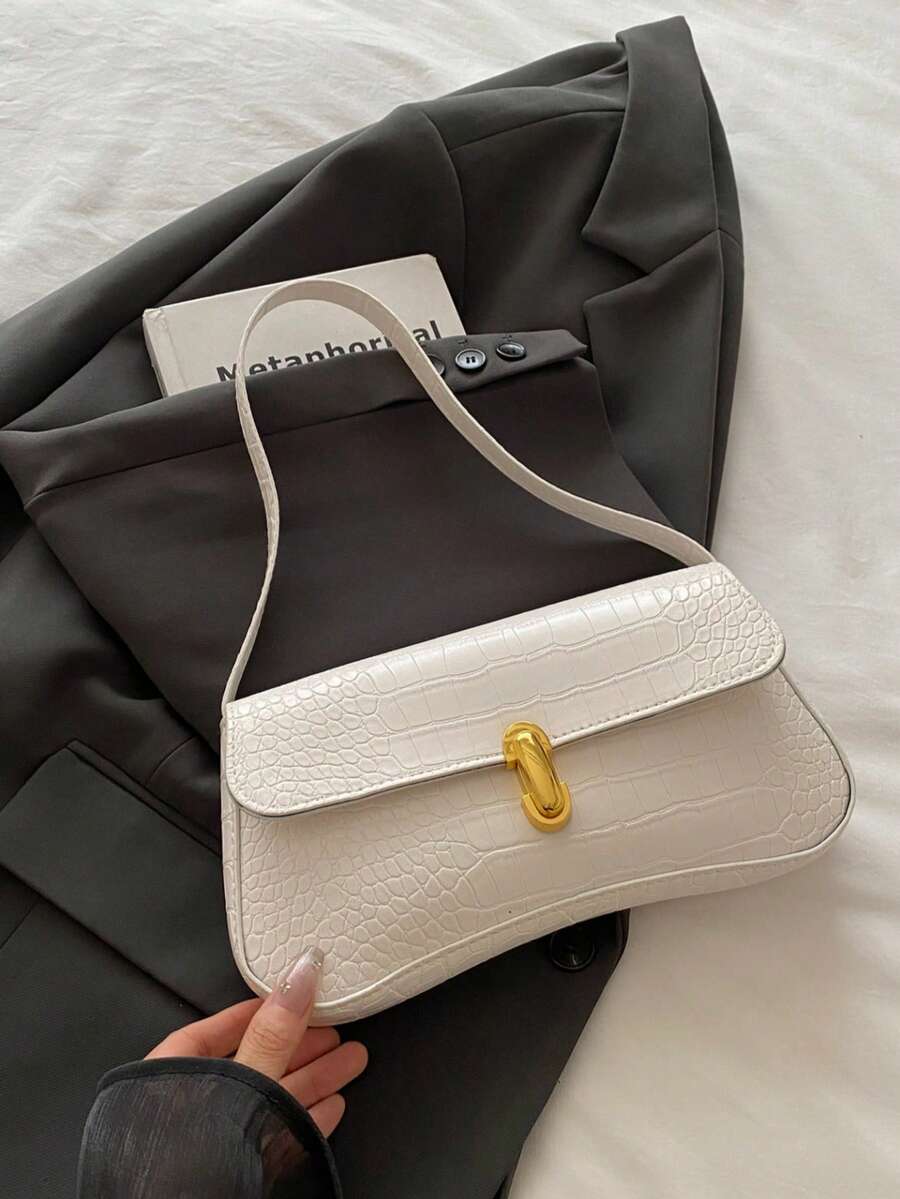 Women's Coffee Brown Shoulder Bag Quiet Luxury Metal Decor Small Underarm Purse - White