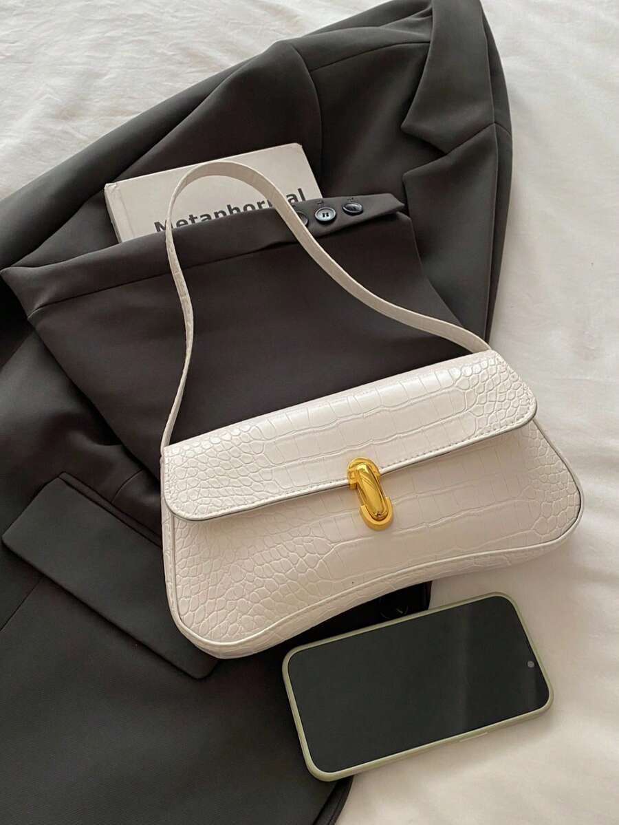 Women's Coffee Brown Shoulder Bag Quiet Luxury Metal Decor Small Underarm Purse - White