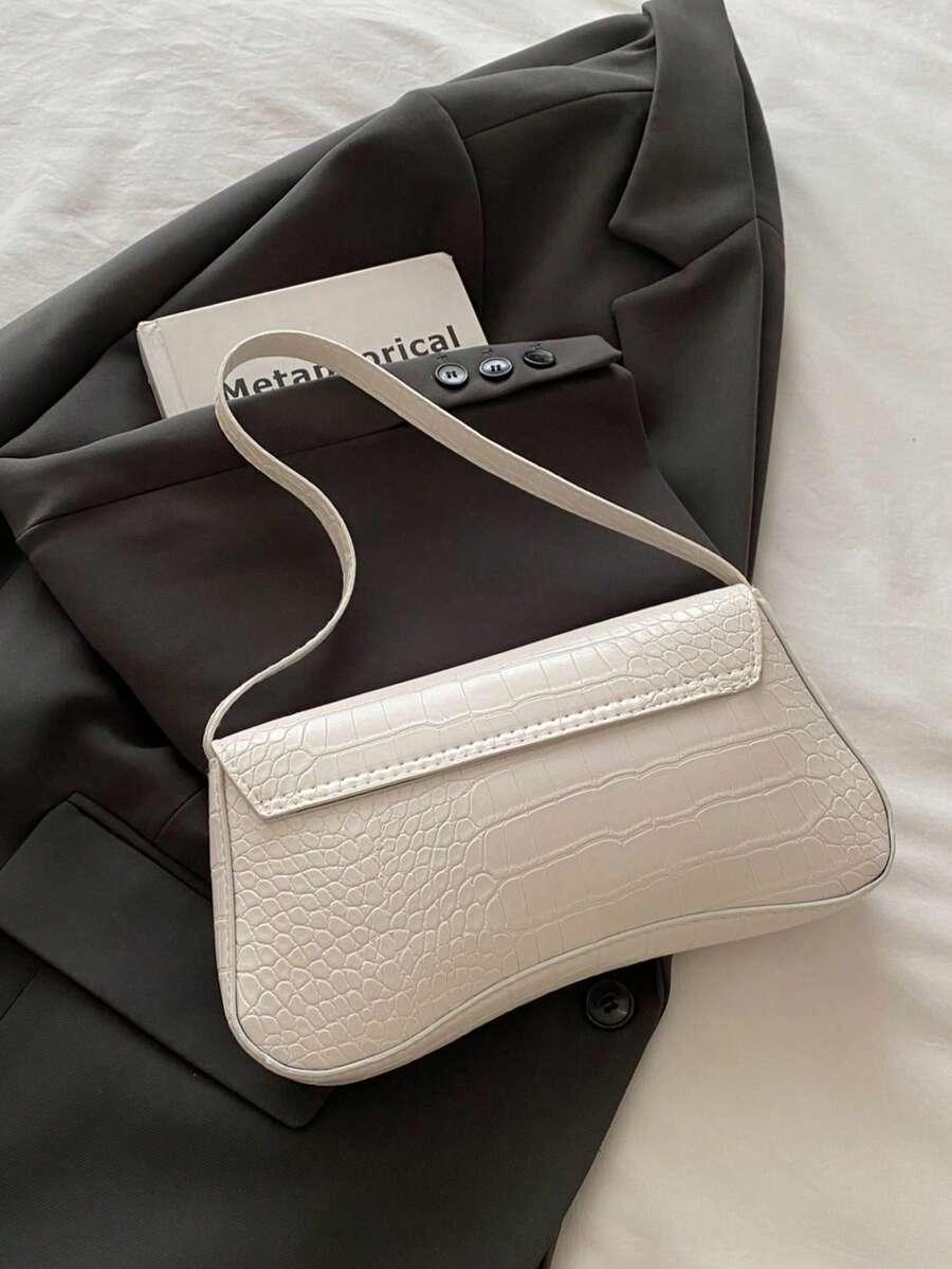 Women's Coffee Brown Shoulder Bag Quiet Luxury Metal Decor Small Underarm Purse - White