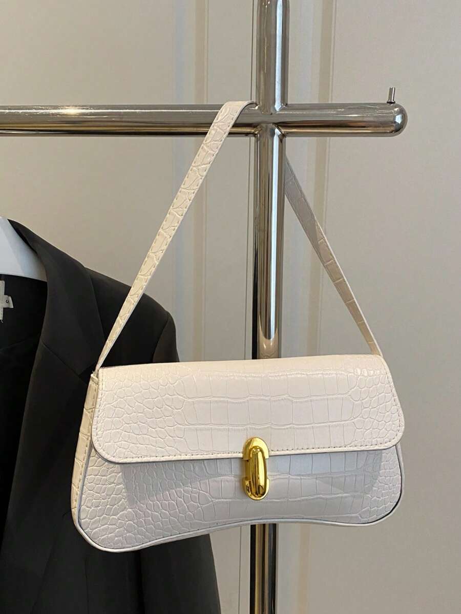 Women's Coffee Brown Shoulder Bag Quiet Luxury Metal Decor Small Underarm Purse - White