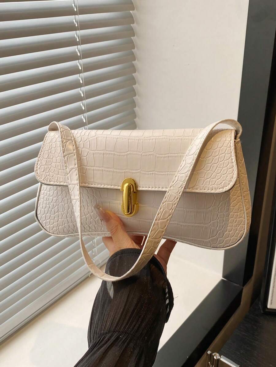 Women's Coffee Brown Shoulder Bag Quiet Luxury Metal Decor Small Underarm Purse - White