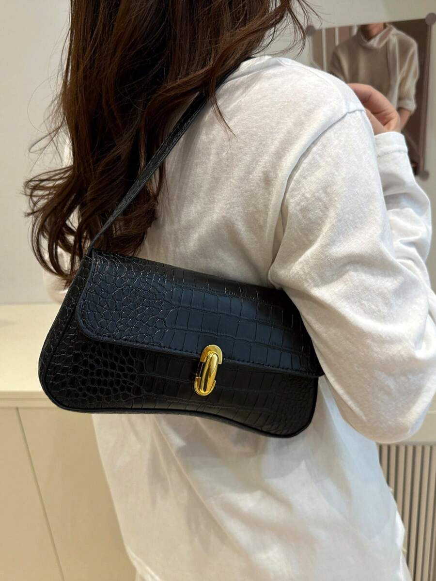 Women's Coffee Brown Shoulder Bag Quiet Luxury Metal Decor Small Underarm Purse - Black