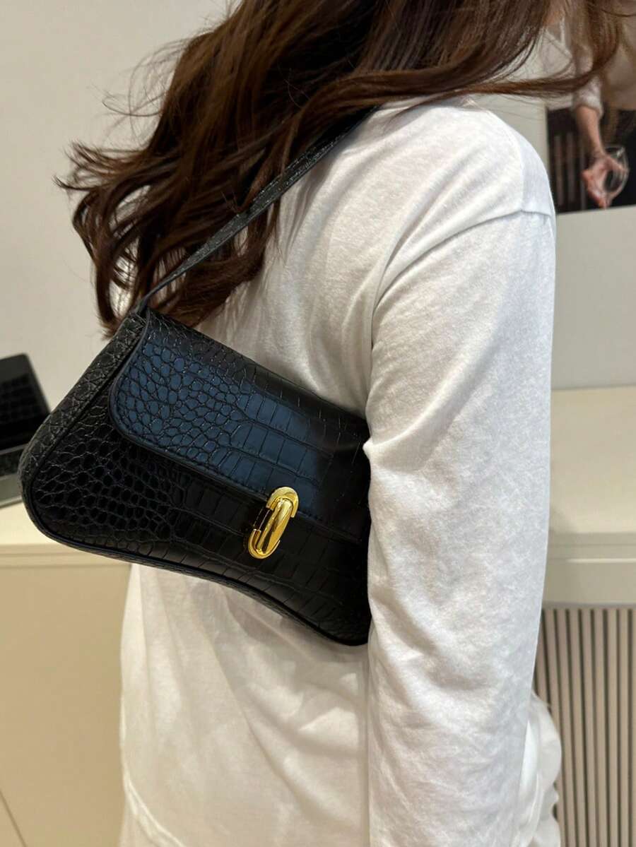 Women's Coffee Brown Shoulder Bag Quiet Luxury Metal Decor Small Underarm Purse - Black