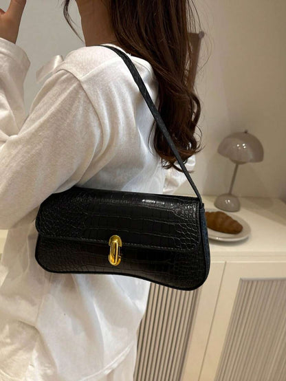Women's Coffee Brown Shoulder Bag Quiet Luxury Metal Decor Small Underarm Purse - Black