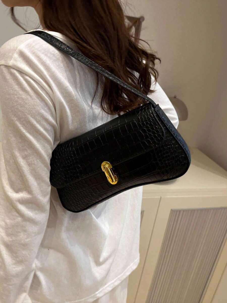 Women's Coffee Brown Shoulder Bag Quiet Luxury Metal Decor Small Underarm Purse - Black