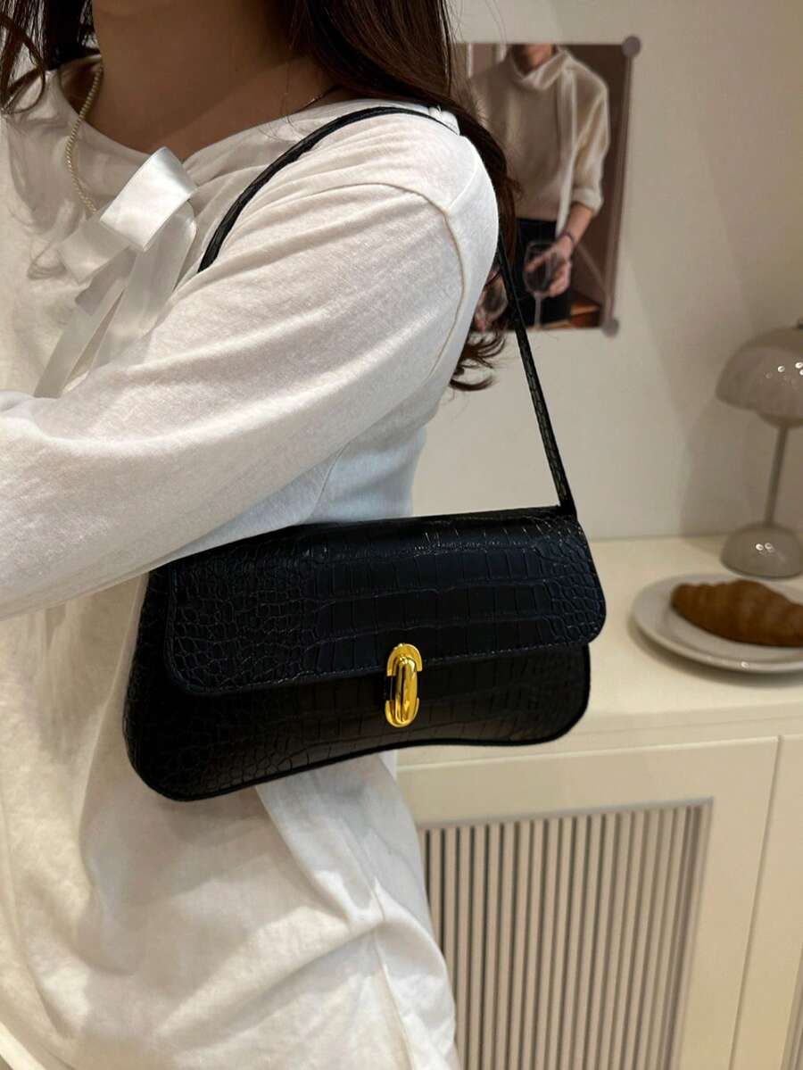 Women's Coffee Brown Shoulder Bag Quiet Luxury Metal Decor Small Underarm Purse - Black