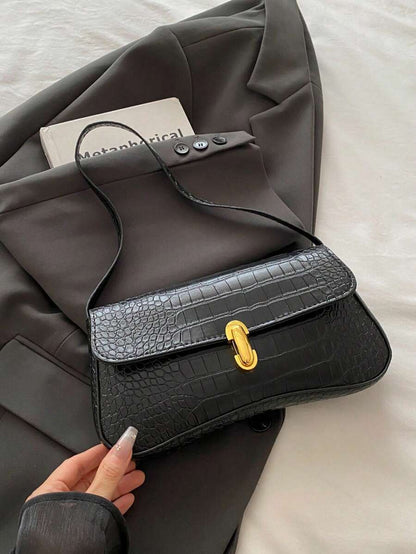 Women's Coffee Brown Shoulder Bag Quiet Luxury Metal Decor Small Underarm Purse - Black