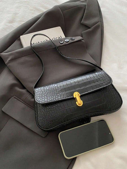 Women's Coffee Brown Shoulder Bag Quiet Luxury Metal Decor Small Underarm Purse - Black