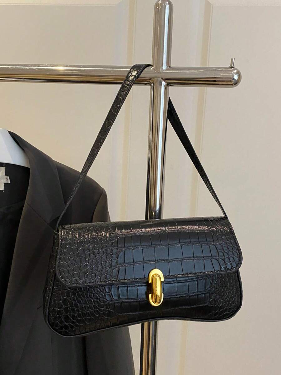 Women's Coffee Brown Shoulder Bag Quiet Luxury Metal Decor Small Underarm Purse - Black