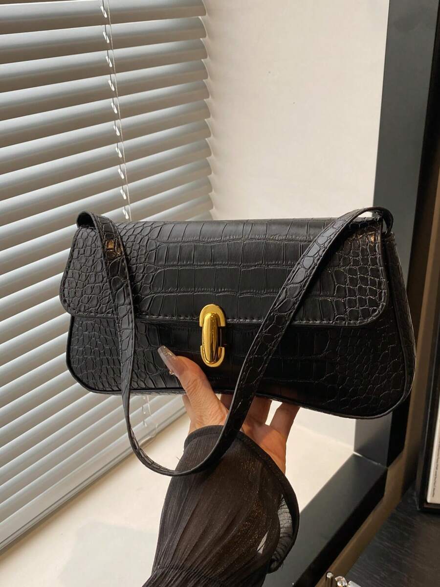 Women's Coffee Brown Shoulder Bag Quiet Luxury Metal Decor Small Underarm Purse - Black